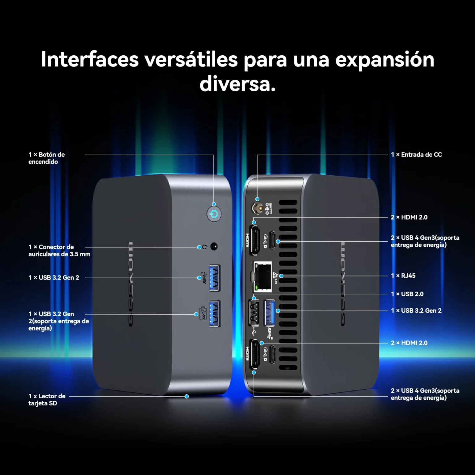 GEEKOM GT13 Pro con Interfaces versátiles para una expansión diversa.
