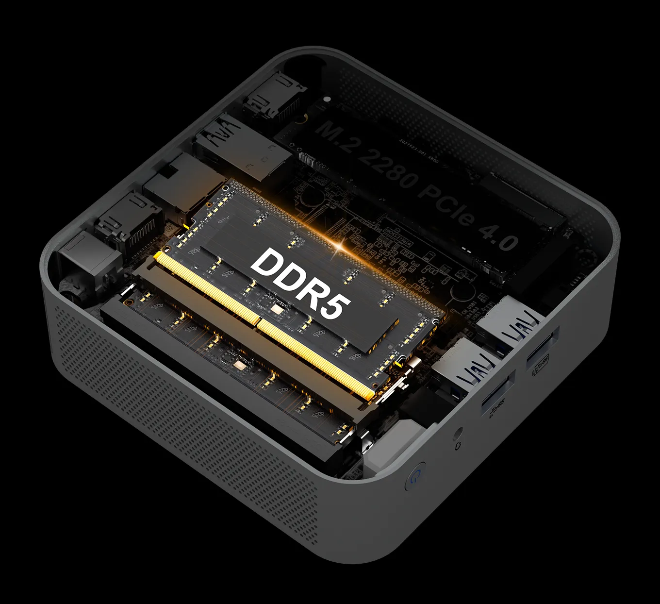 GEEKOM A8 Mini PC con dos 16GB RAM DDR5 de Doble Canal a 5600MT/s y hasta 64GB