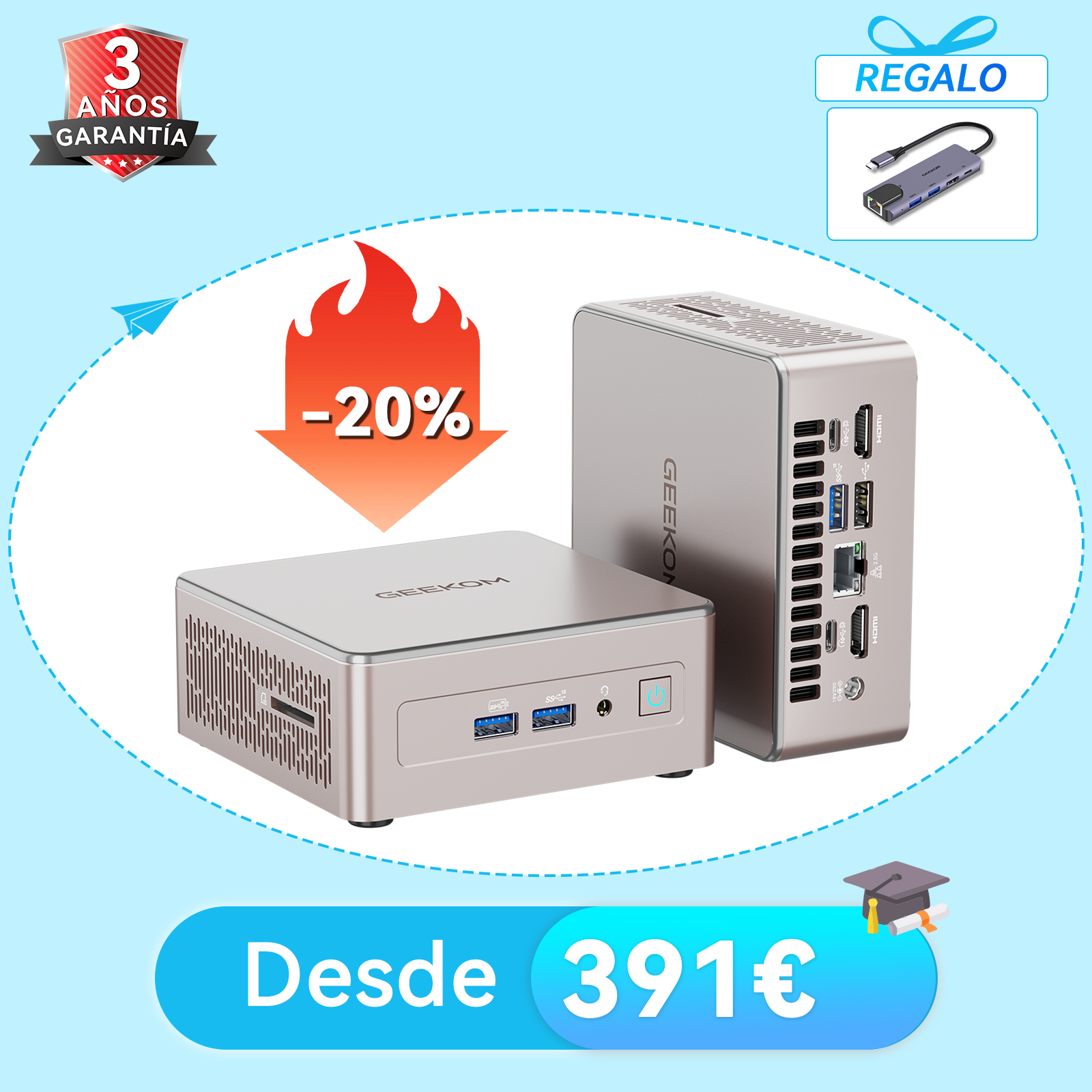 使用短め GEEKOM A5 ミニPC ／ Ryzen 5 7430U GEEKOM A5 Mini PC: Potente con AMD Ryzen 5 7430U y Gráficos Vega 7