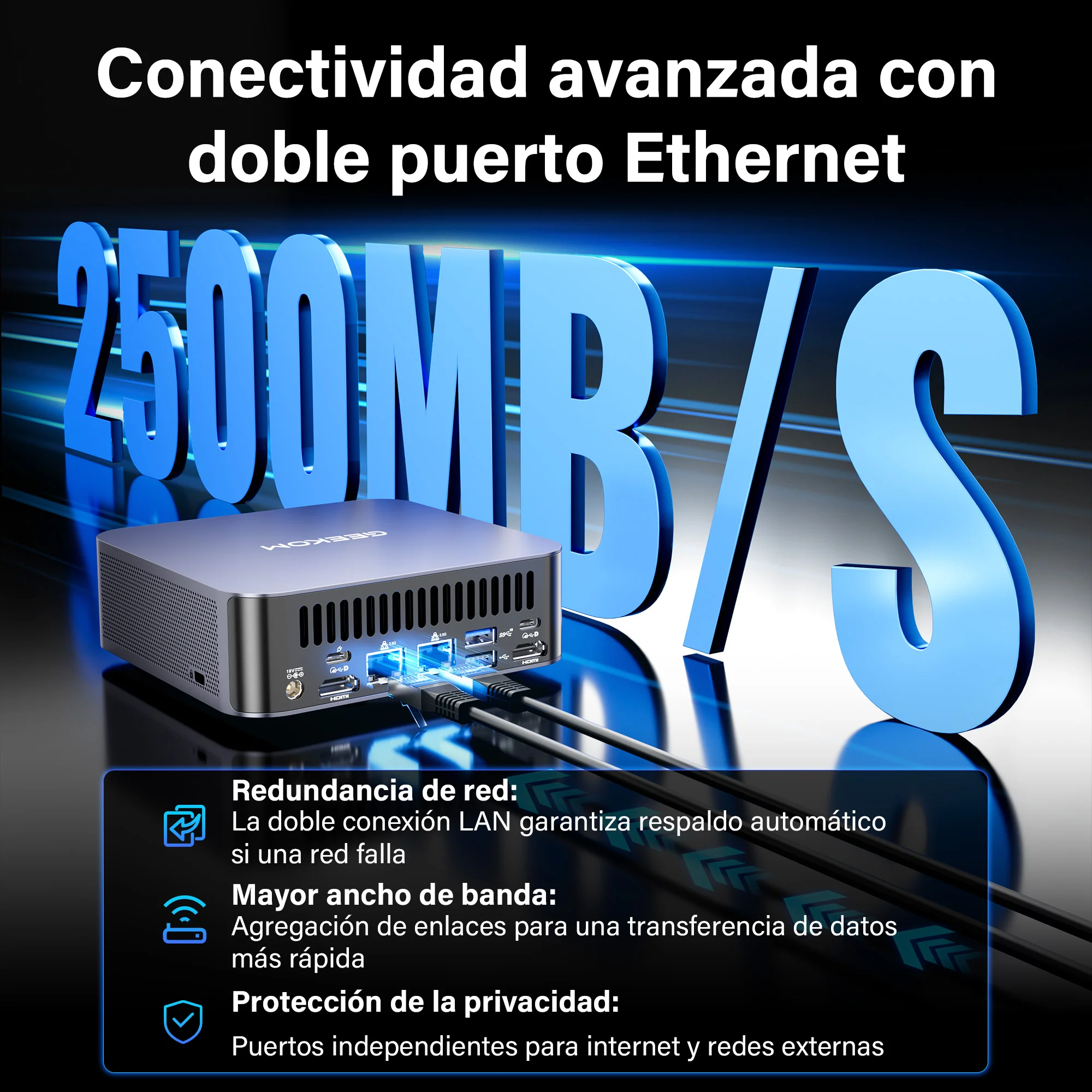 Conectividad avanzada con doble puerto Ethernet del GEEKOM GT2 Mega Mini PC