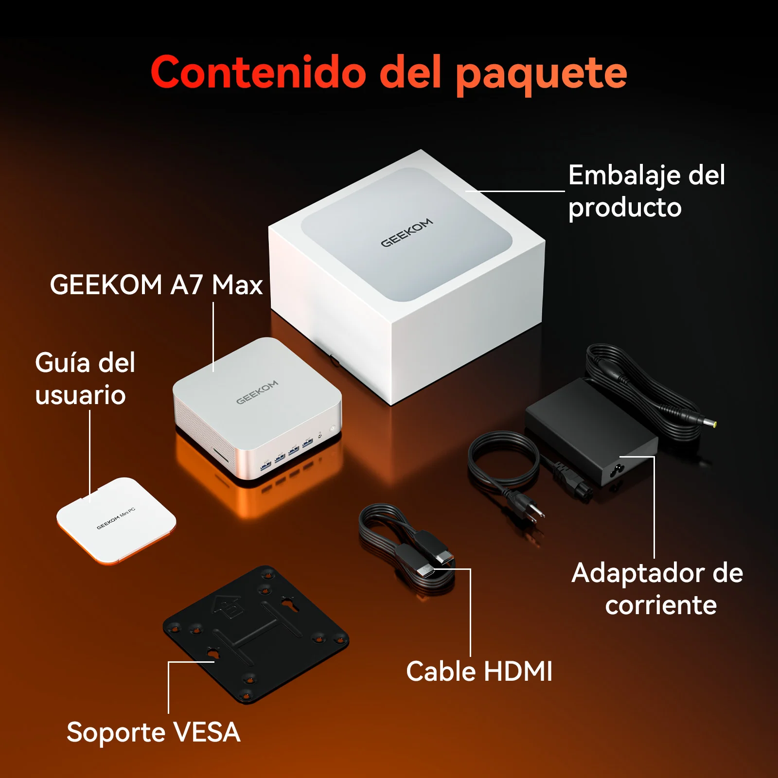 Contenido del paquete del GEEKOM A7 Max Mini PC