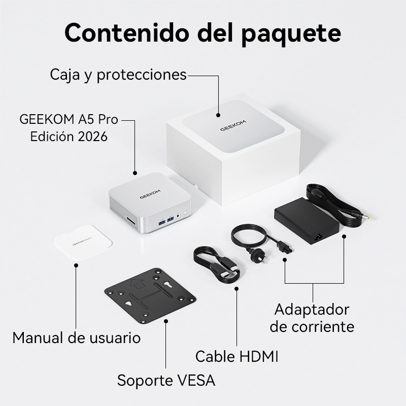 Contenido del paquete del GEEKOM A5 Pro Edición 2026 Mini PC
