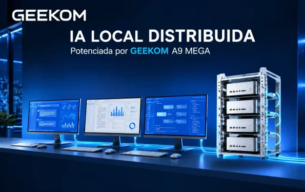 Cuatro Mini PC GEEKOM A9 Mega formando un clúster de IA local